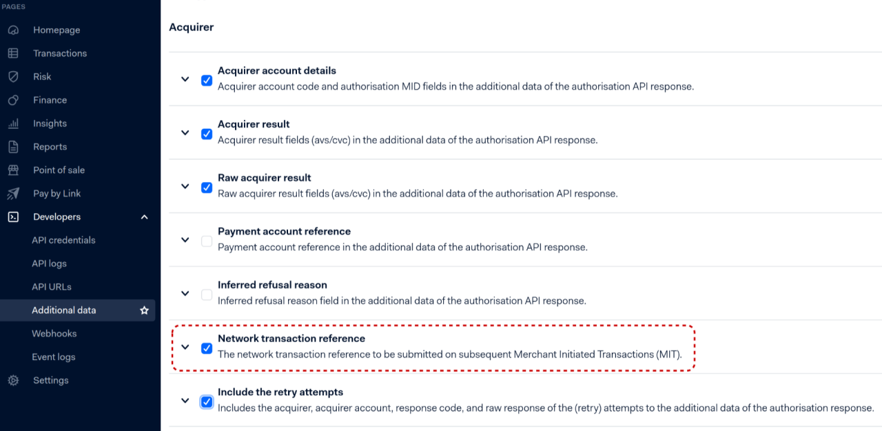 Adyen - Return Network Transaction Reference: Developers > Additional Data > Acquirer