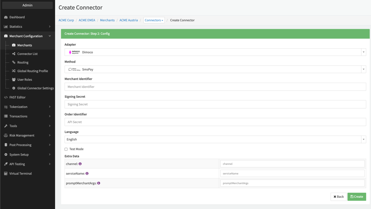 Connector Config - Dimoco Carrier Billing
