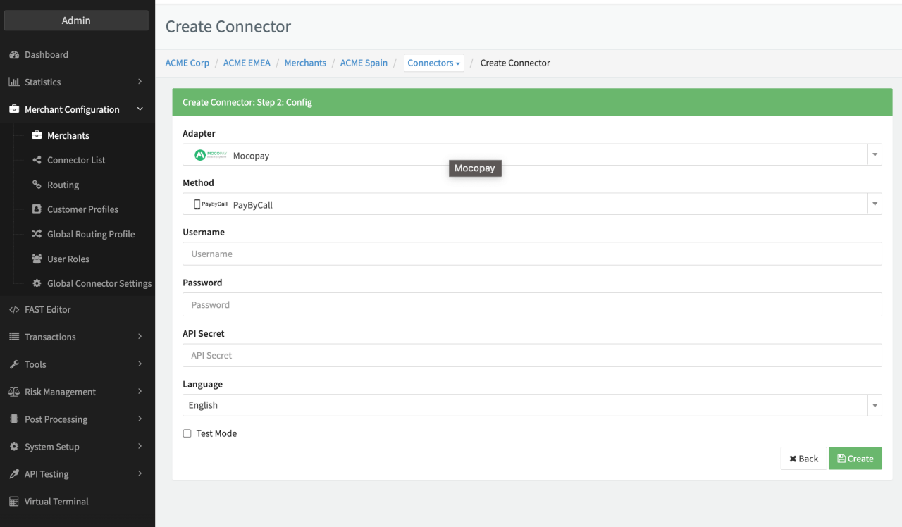 Connector Config - Mocopay