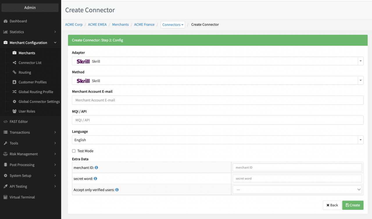 Connector Config - Skrill