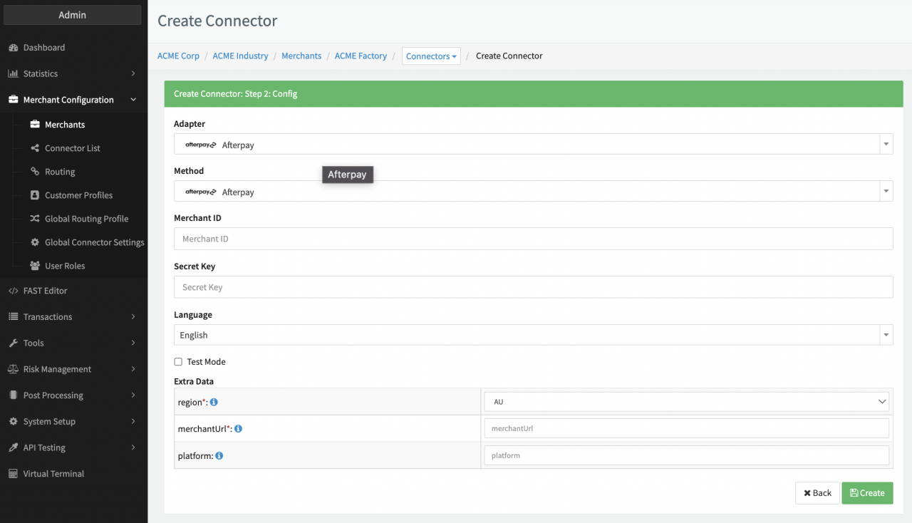 Connector Config - Afterpay/Riverty