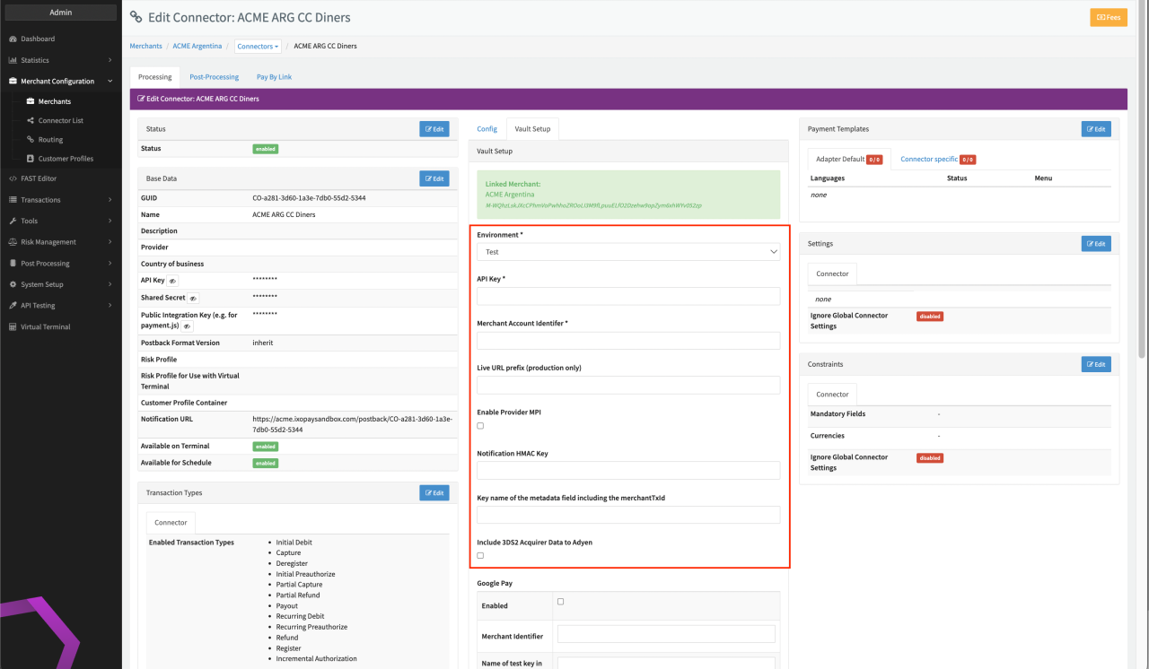 Connector Detail Overview - Adyen - Vault Configuration I