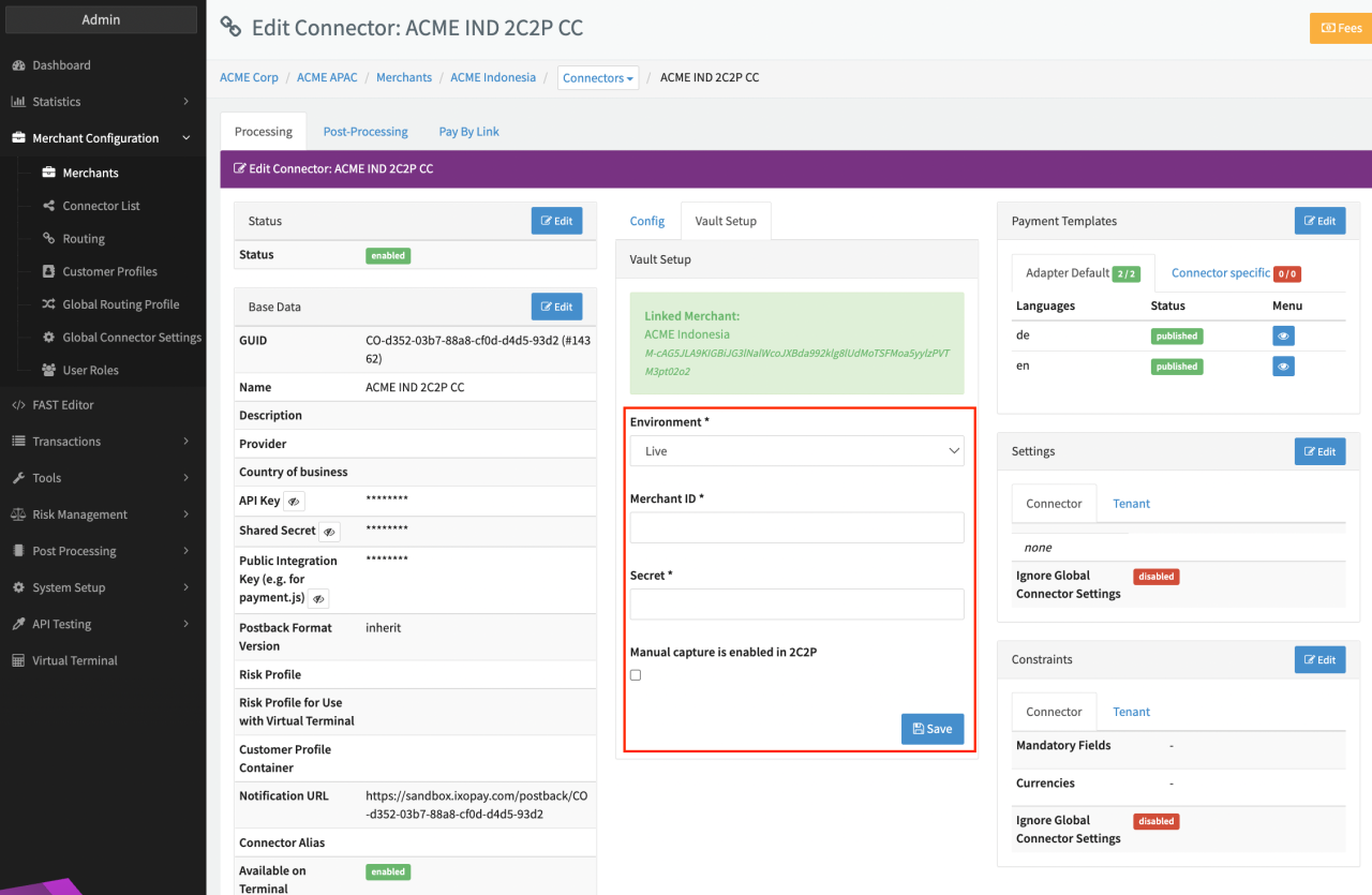 Connector Detail Overview - 2C2P Creditcard - Vault Configuration
