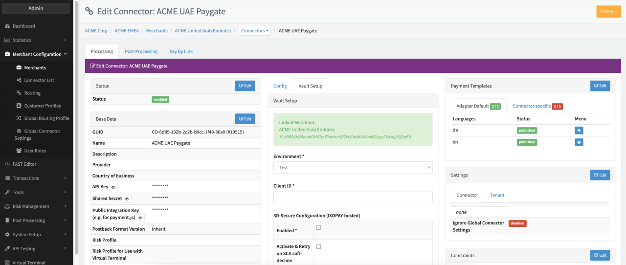 Connector Detail Overview - Paygate Creditcard - Vault Configuration