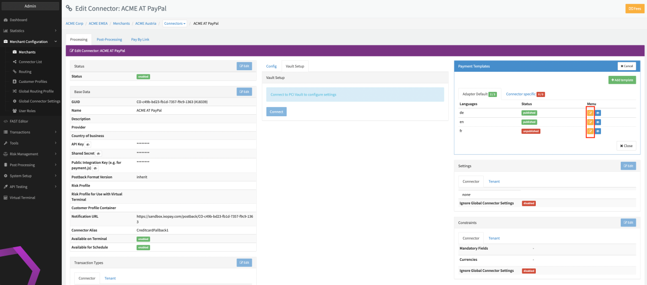 Connector Details Overview - Payment Templates Edit View