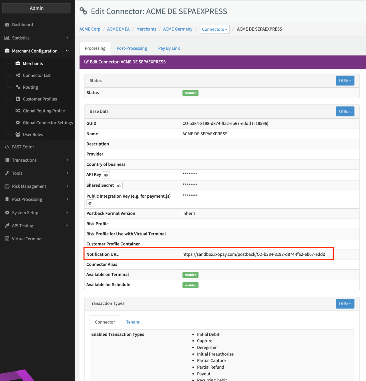 Connector Notification URL