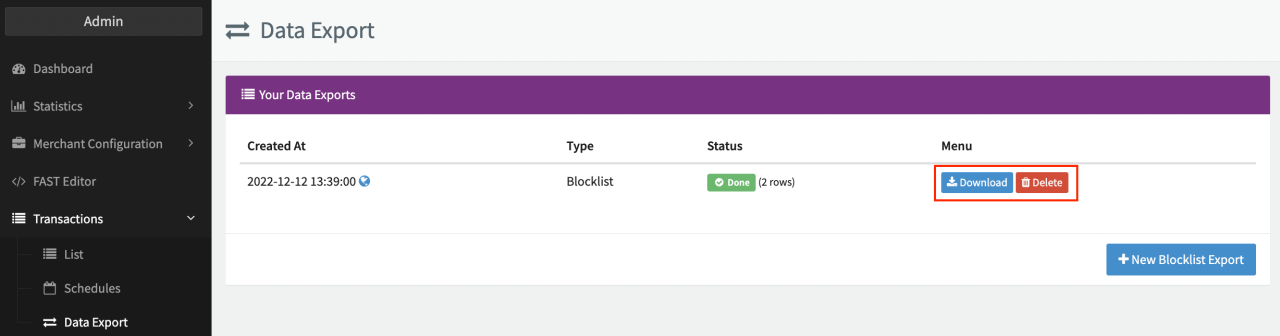 Data Export: Download/Delete