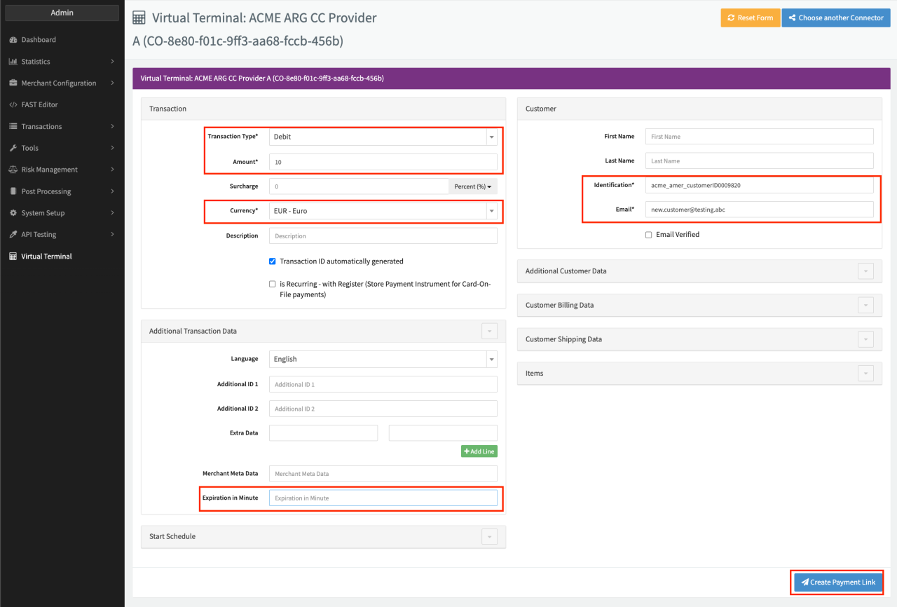Mandatory fields Pay By Link