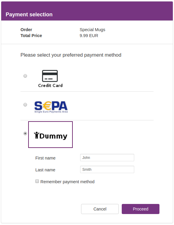 Payment selection page example